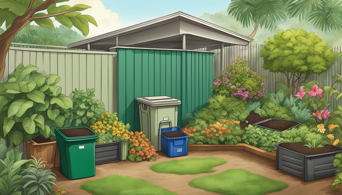 A lush garden in Honolulu, Hawaii, with a variety of composting methods in action, including a compost bin, worm composting, and a compost pile