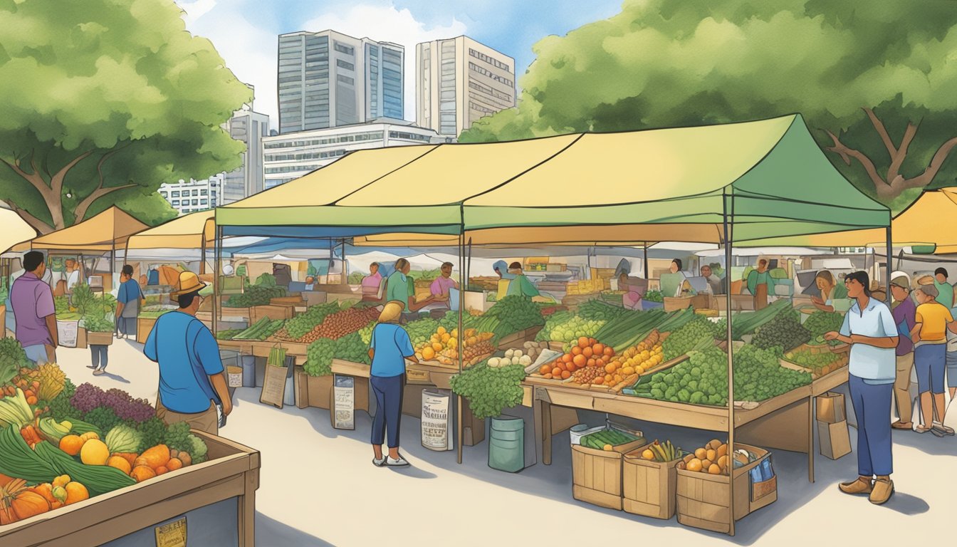 A bustling farmer's market in Honolulu, HI, with vendors selling fresh produce and composting guides. Compost bins and educational displays attract a diverse crowd