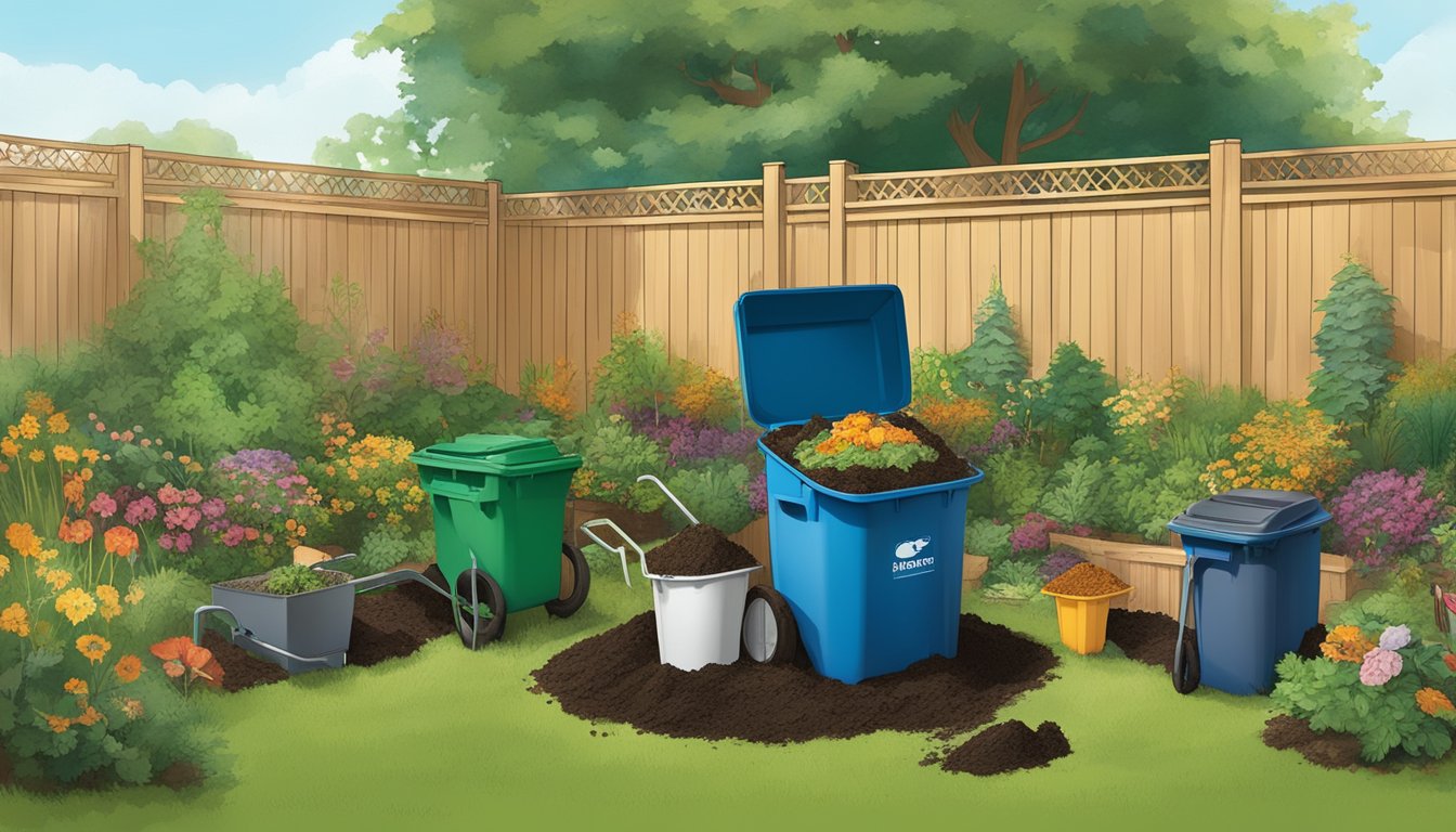 A backyard in Cedar Rapids with a compost bin, garden tools, and a variety of organic waste being added to the compost pile