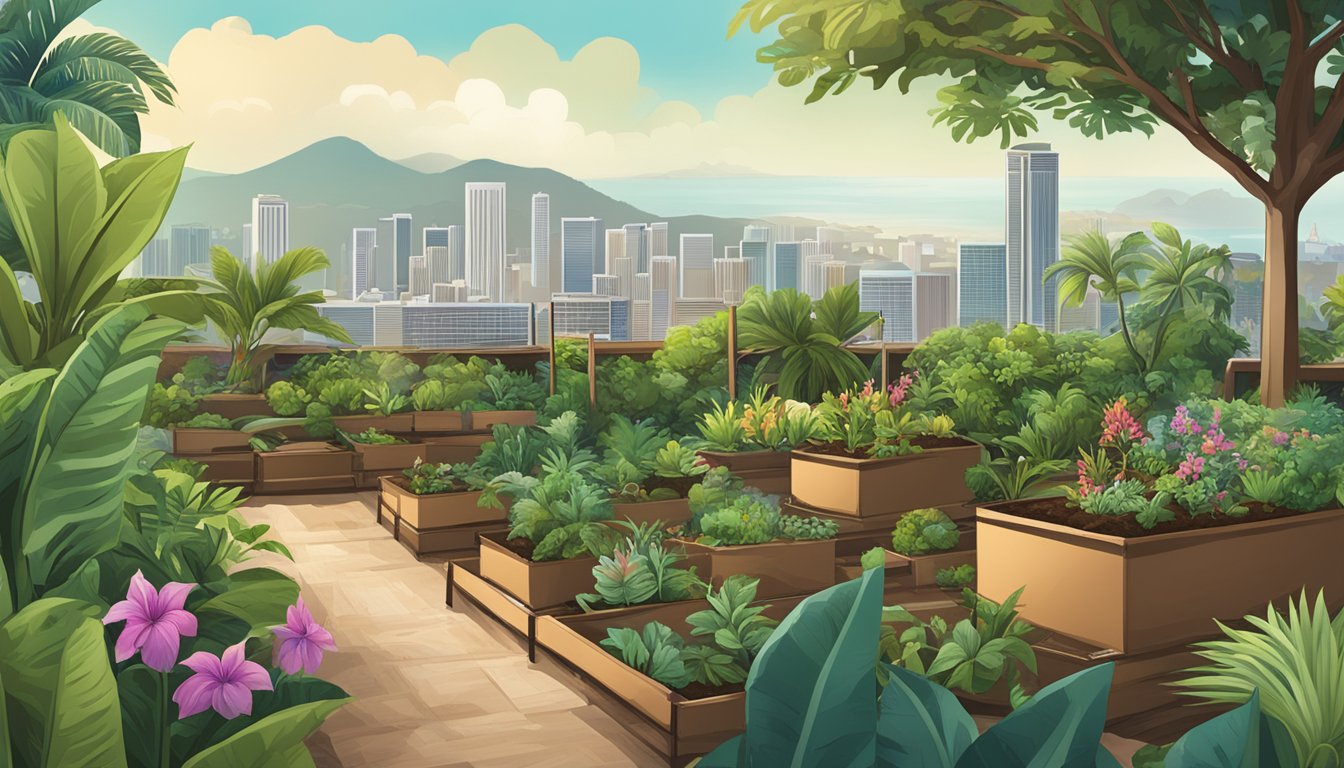 A lush tropical garden with compost bins, a sign for "Educational Resources and Workshops," and a view of the Honolulu skyline in the background