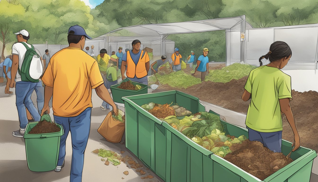 A bustling urban scene with a diverse group of people dropping off food scraps and yard waste at a composting facility in Honolulu, Hawaii