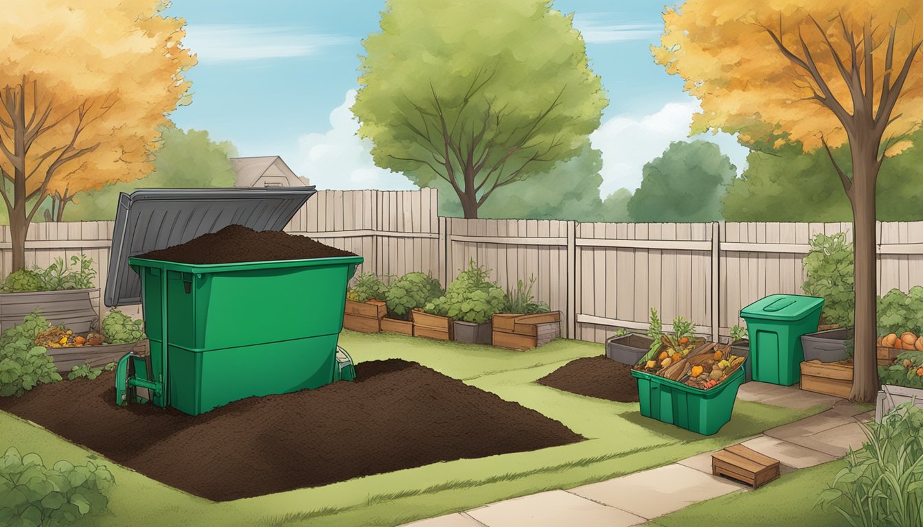 A backyard composting setup in Cedar Rapids, IA with a compost bin, pitchfork, and various organic materials being turned and maintained