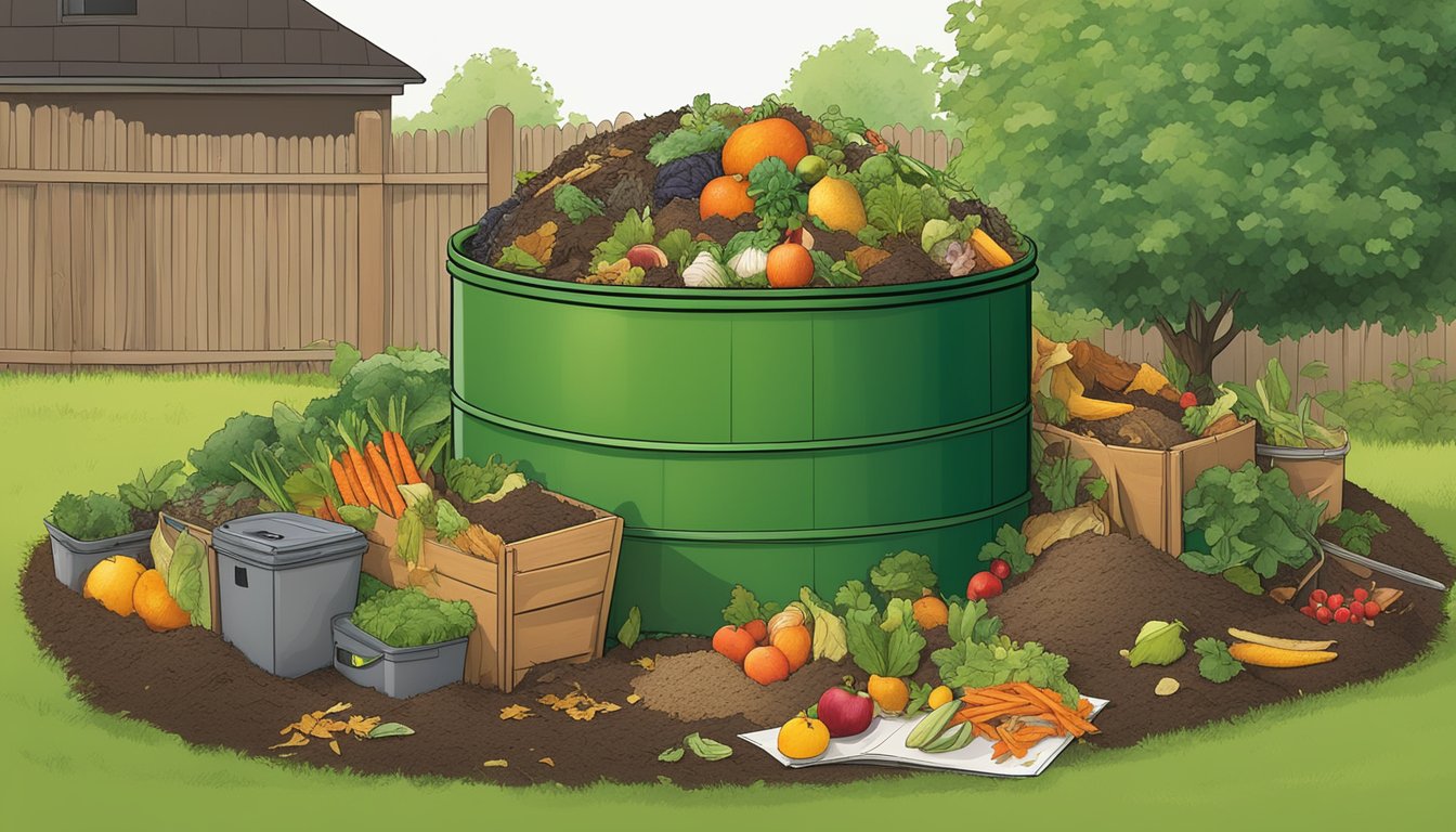 A backyard compost bin surrounded by a variety of organic waste, including fruit peels, vegetable scraps, and yard trimmings, with a guidebook on composting in Cedar Rapids, IA nearby