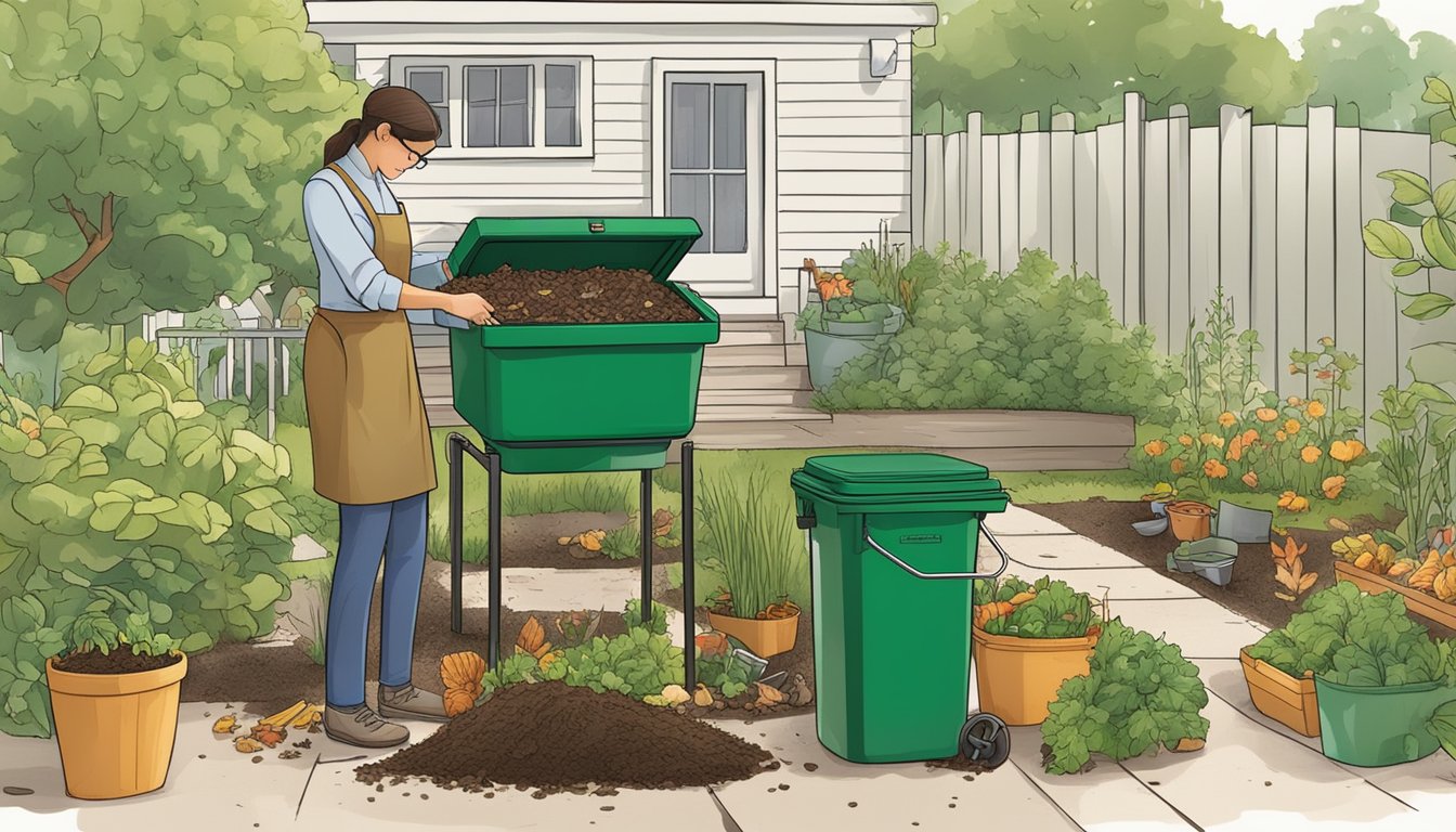 A person placing food scraps and yard waste into a compost bin in their backyard, surrounded by a lush garden and a composting guide book open on a table