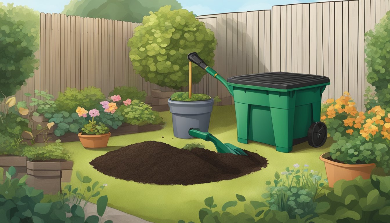 A backyard with a compost bin, shovel, and various organic materials scattered around. A garden hose and potted plants are nearby