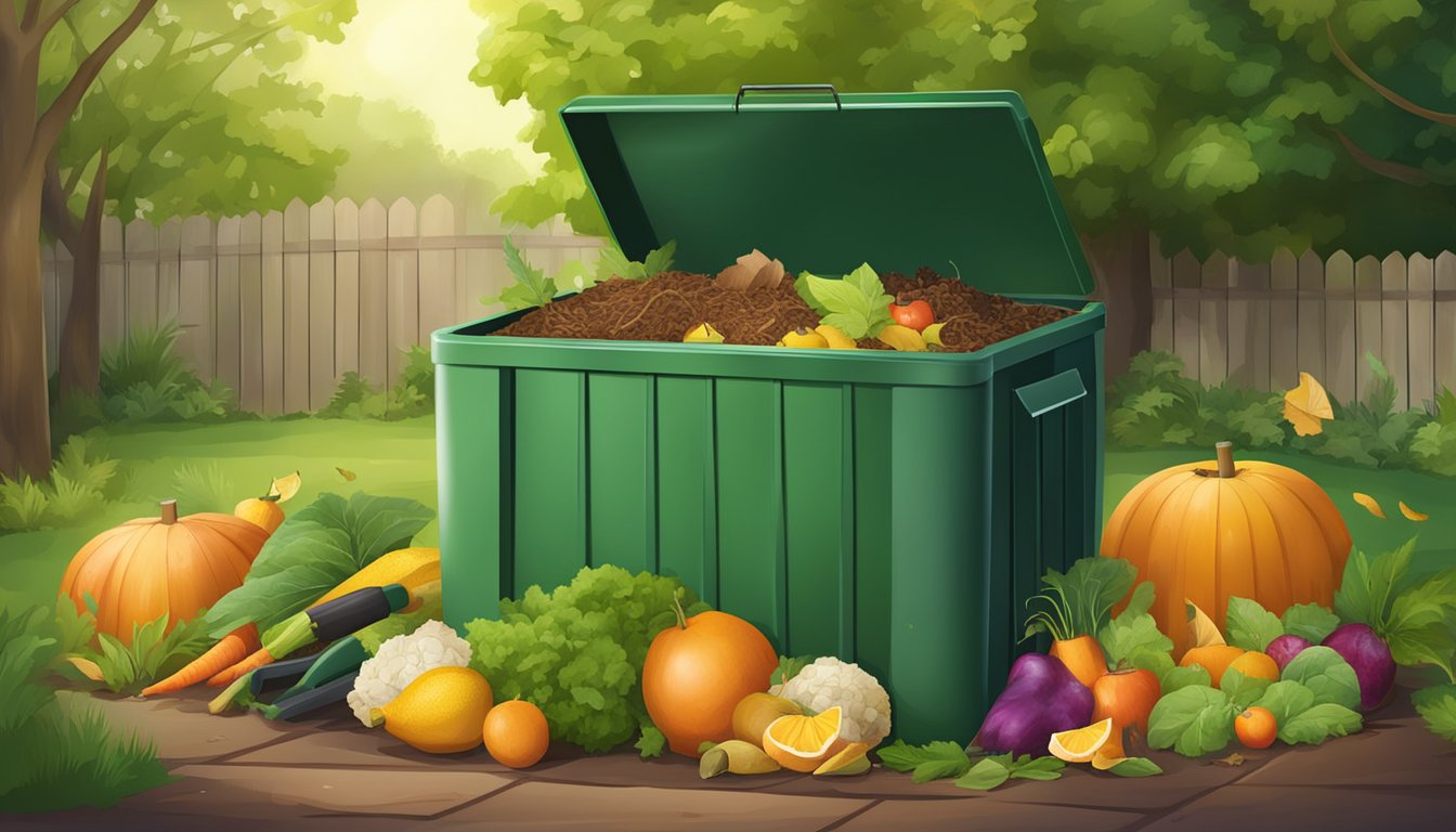 A backyard compost bin with a variety of organic waste materials, including fruit and vegetable scraps, leaves, and grass clippings