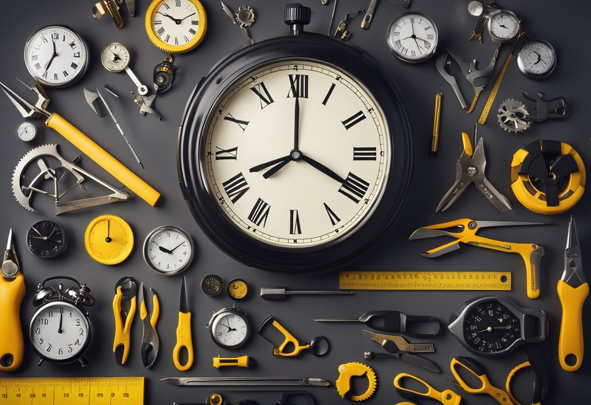 A clock surrounded by efficient tools and resources, symbolizing time and resource optimization for the new year