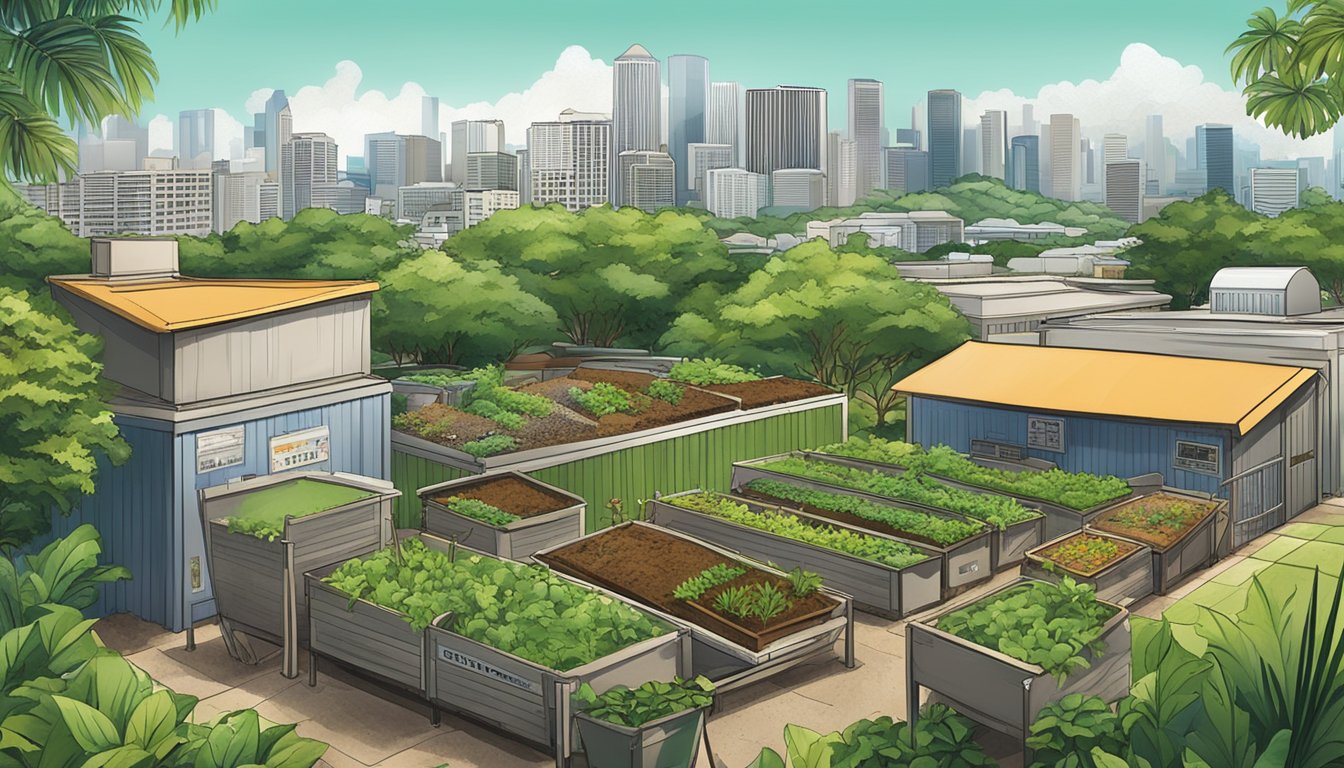 A bustling urban environment with diverse composting bins and community gardens, surrounded by lush greenery and the iconic Honolulu skyline in the background