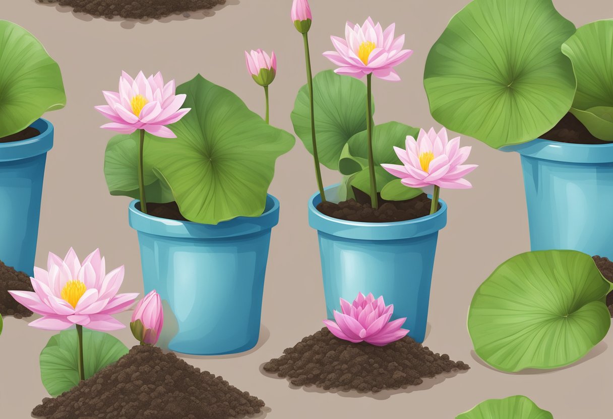 A pair of gardening gloves holds a water lily in a plastic pot, surrounded by bags of soil and water