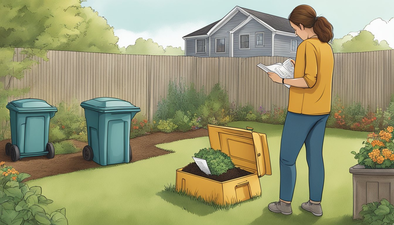 A person reading a booklet titled "Regulations and Ordinances for Composting in Davenport" while standing next to a compost bin in a backyard garden