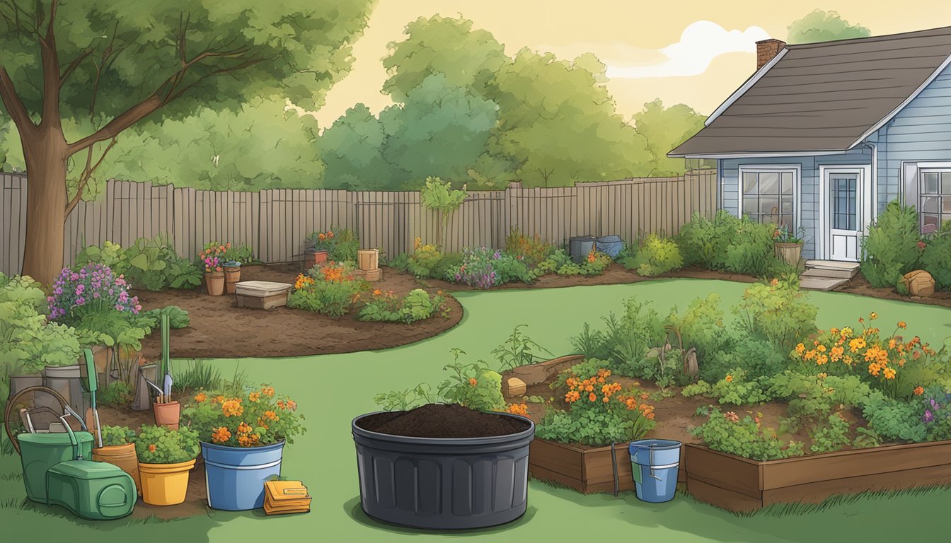 A lush backyard garden with a compost bin, gardening tools, and a stack of educational materials on composting in Davenport, IA