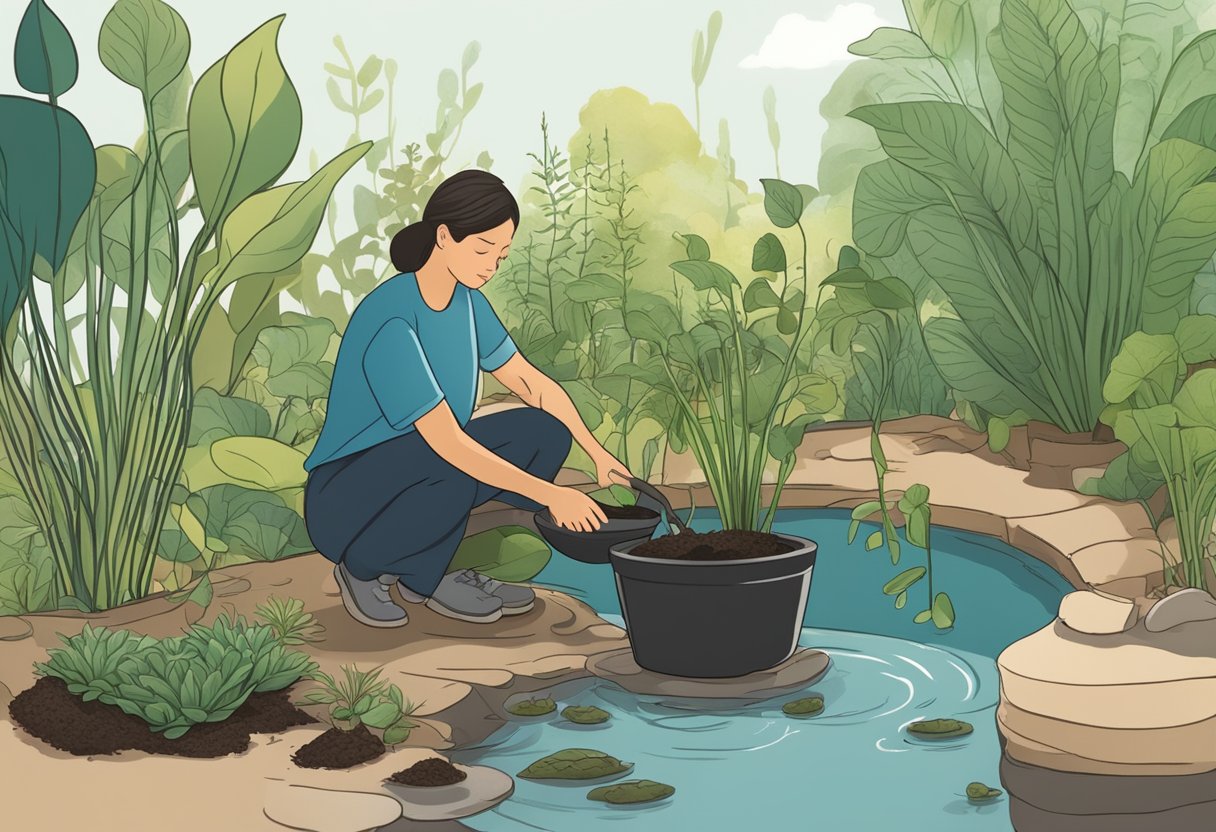 A person scooping soil into a pot with aquatic plants and a bag of compost nearby