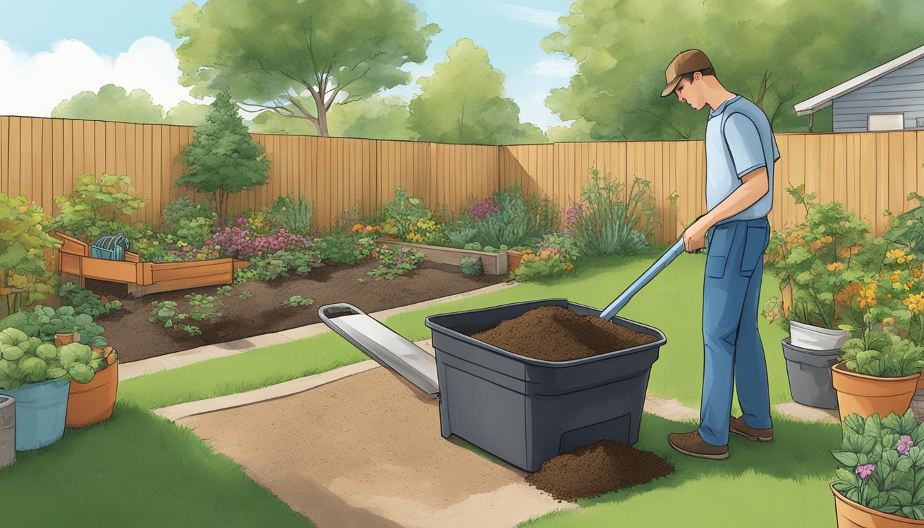 A backyard in Des Moines, Iowa with a compost bin, garden tools, and various organic materials being mixed together