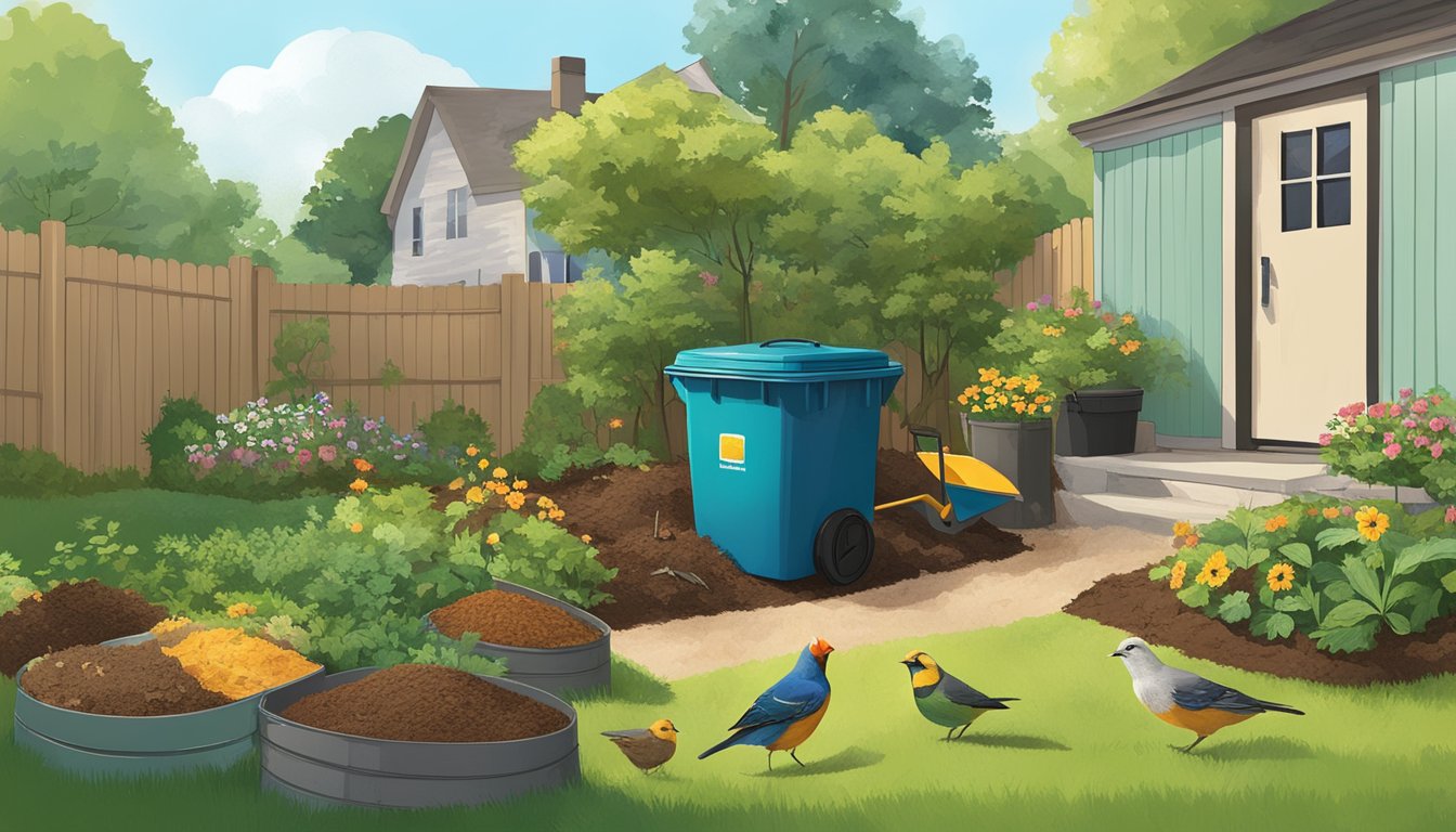 A backyard in Des Moines, Iowa with a compost bin, shovel, and a variety of organic waste being layered into the bin. The sun is shining and birds are flying overhead