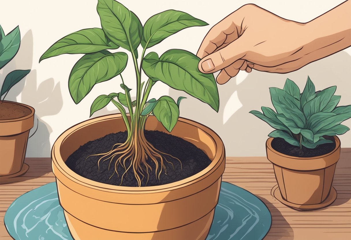 A pair of hands holding a potted pond plant, carefully dividing the roots and transferring them into a new pot with fresh soil and water