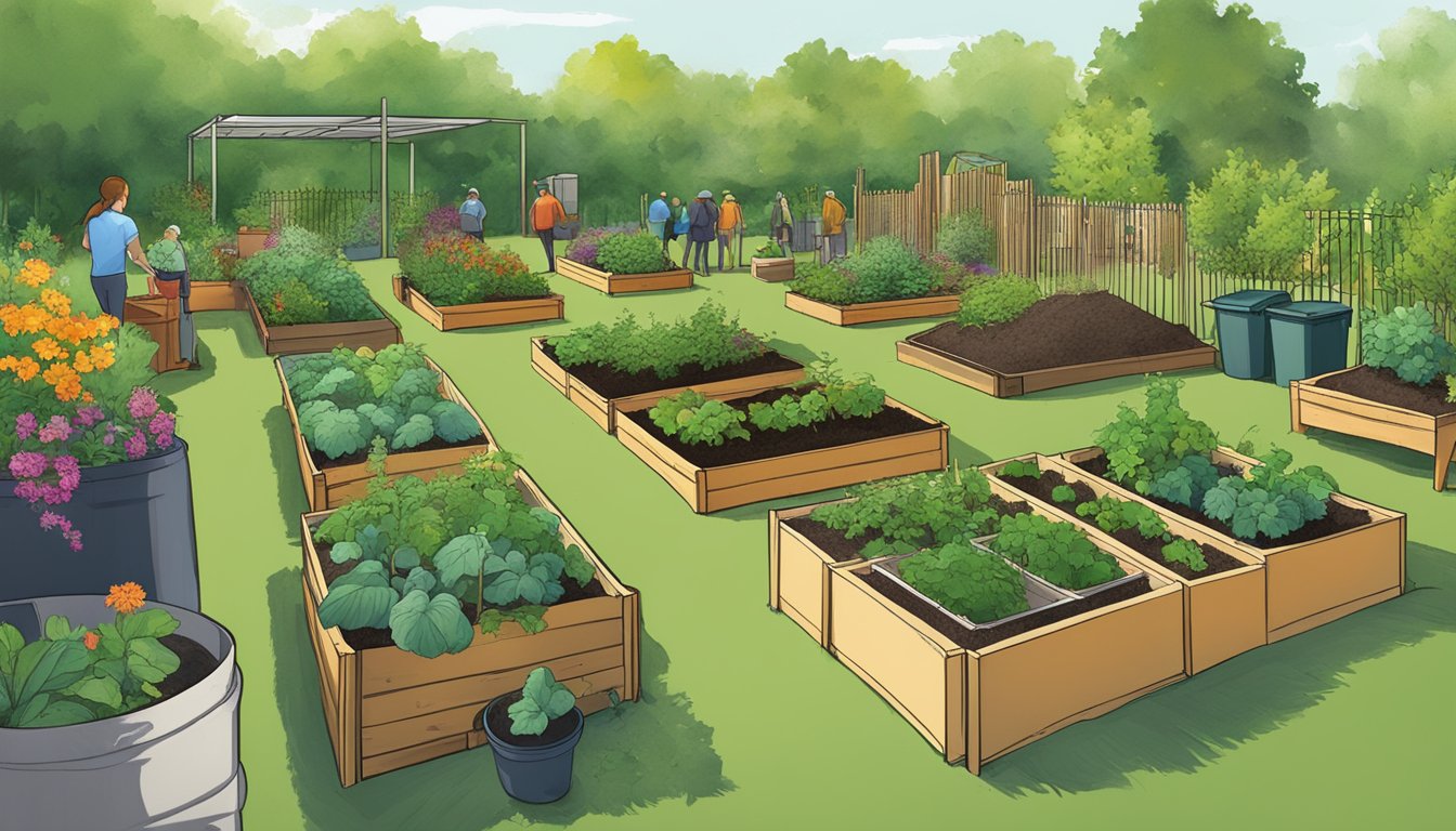 A bustling community garden with various composting bins and piles, surrounded by vibrant greenery and a diverse array of plant life in Des Moines, IA