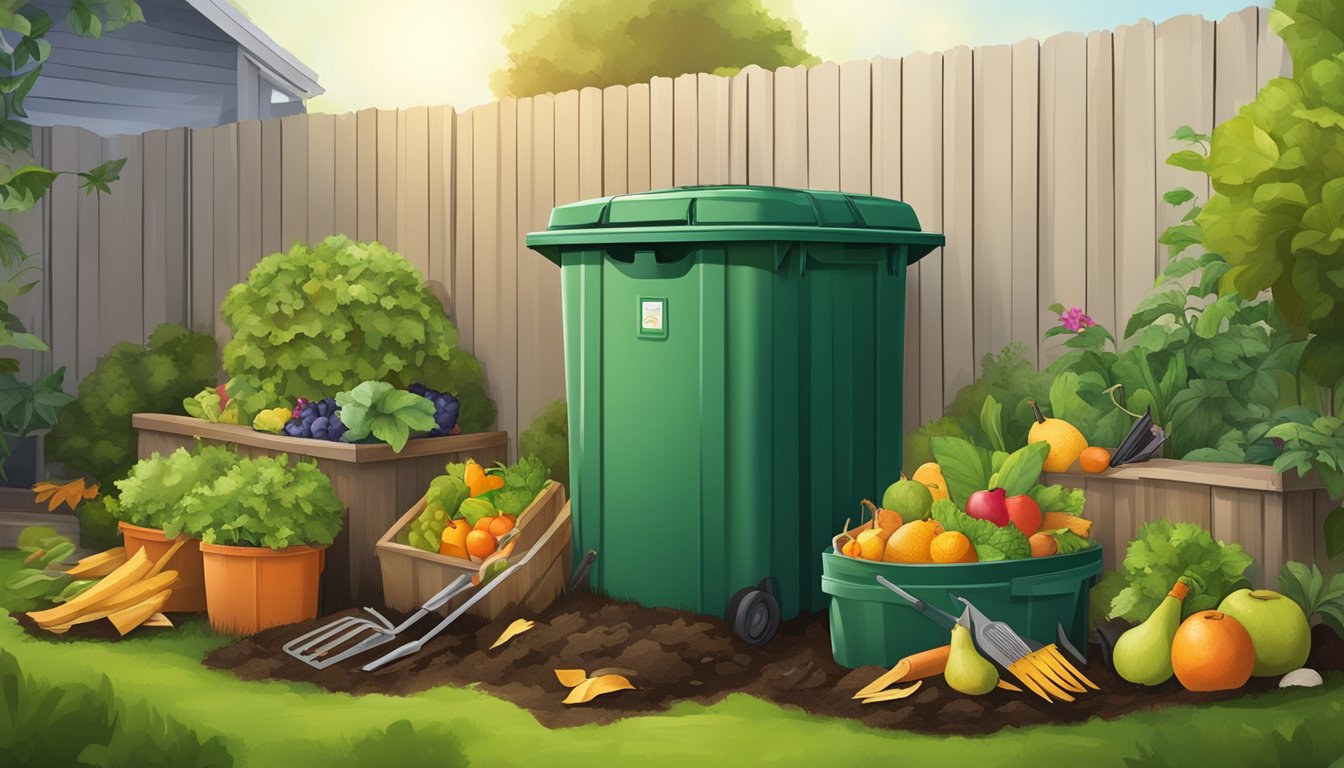 A backyard with a compost bin, garden tools, and a variety of organic waste materials such as fruit peels, vegetable scraps, and yard trimmings