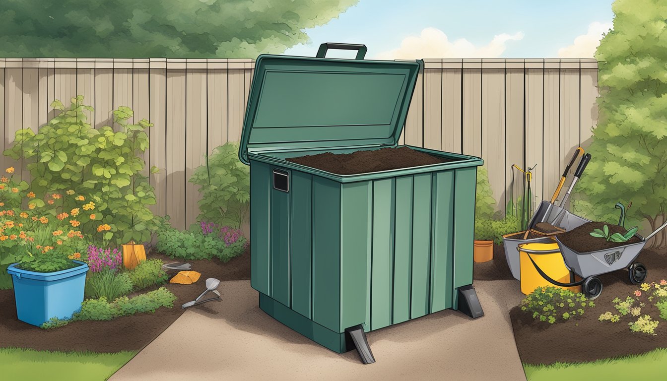 A backyard in Des Moines, IA with a compost bin, garden tools, and a guidebook on composting regulations and support