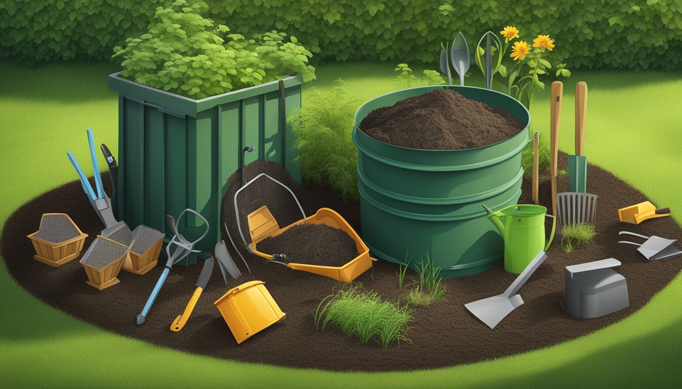 A backyard compost bin surrounded by grass and garden tools