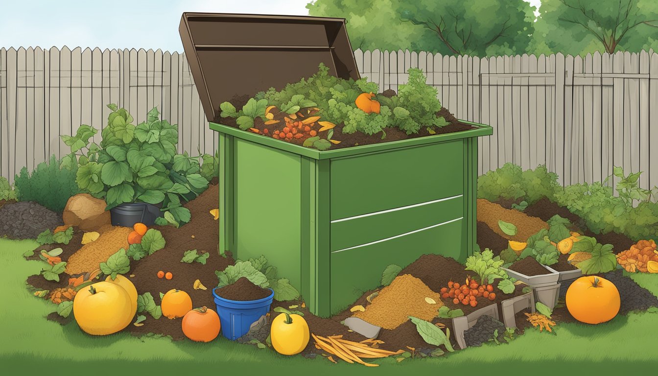 A backyard compost bin in Des Moines, IA, surrounded by a variety of organic waste materials such as fruit peels, vegetable scraps, and yard clippings