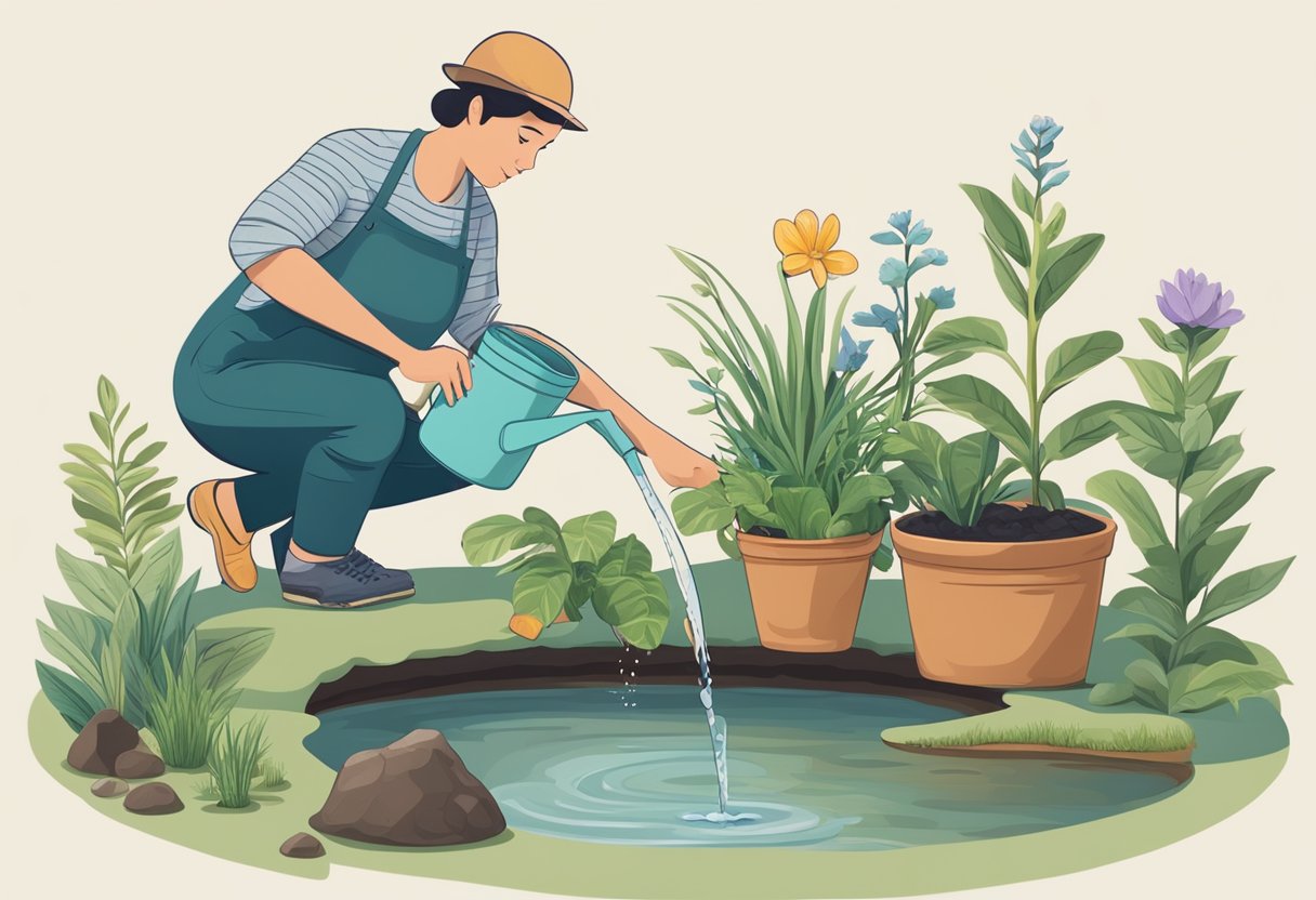 A person holding a bag of aquatic soil stands next to a pond with various potted plants, a trowel, and a watering can nearby