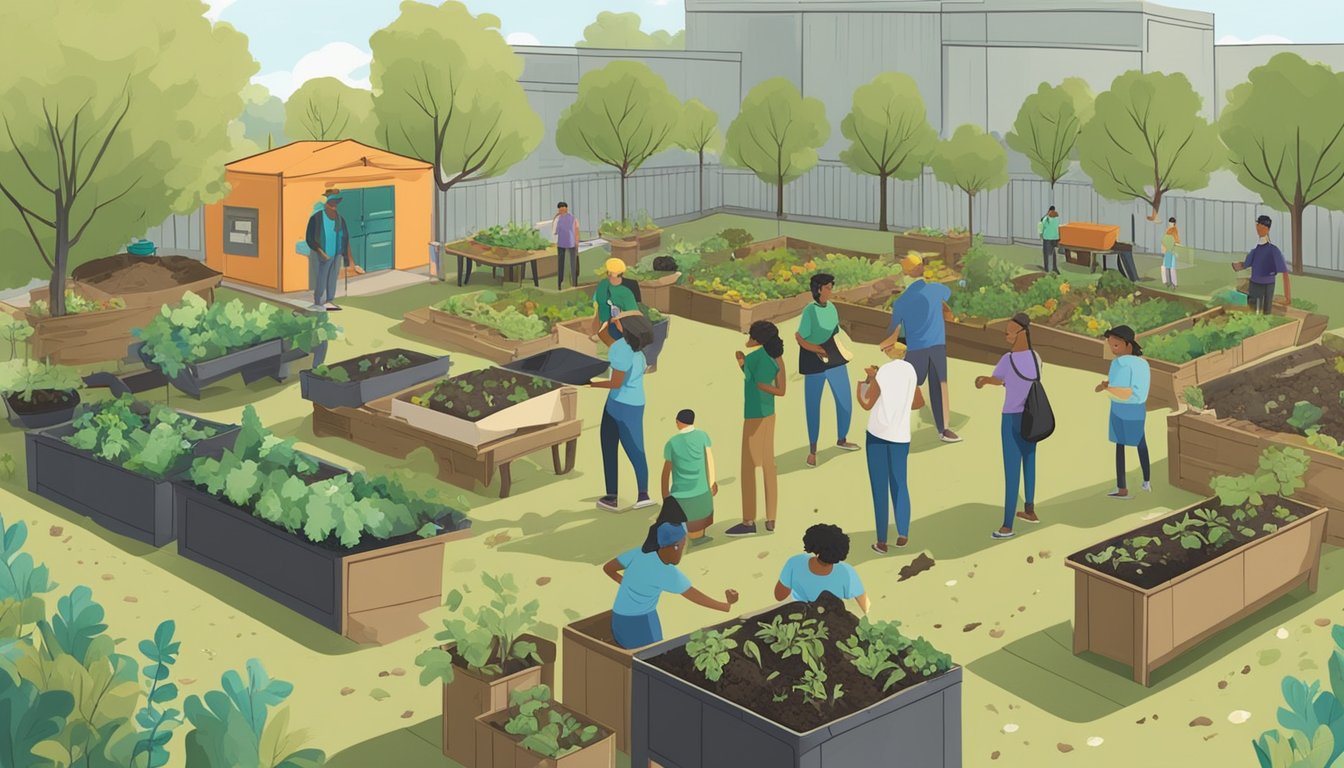 A group of people gather in a community garden, surrounded by bins of compost and educational materials. A volunteer leads a demonstration on composting techniques