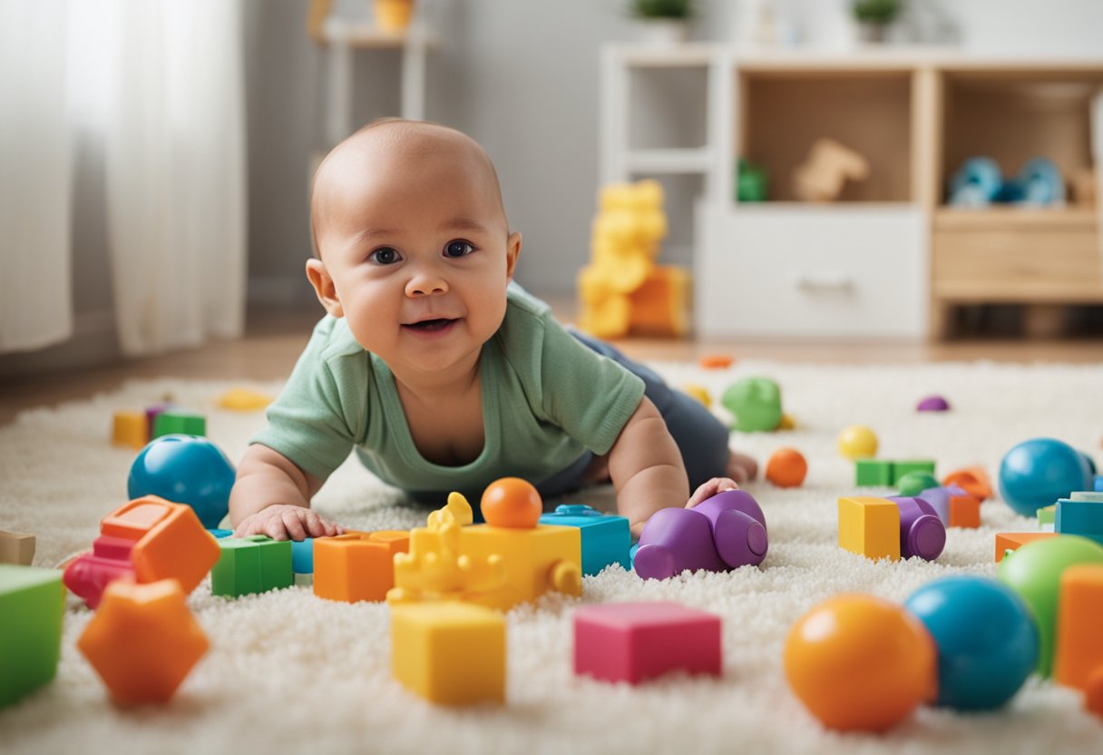 Seorang bayi berbaring di perutnya, mencapai mainan berwarna-warni yang berselerak di sekitar lantai. Seorang ibu bapa dengan lembut menggalakkan mereka untuk bergerak dan meneroka