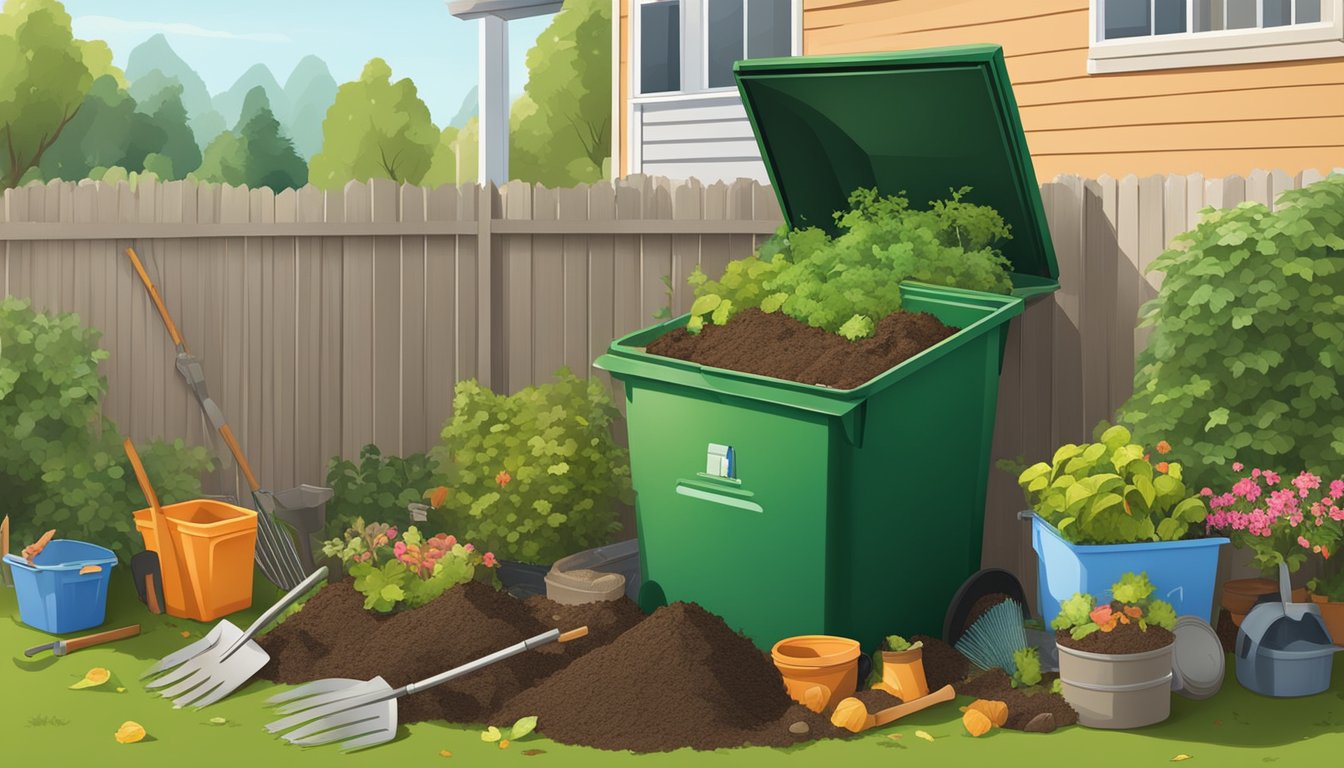 A backyard compost bin surrounded by various types of organic waste and garden tools in a suburban setting