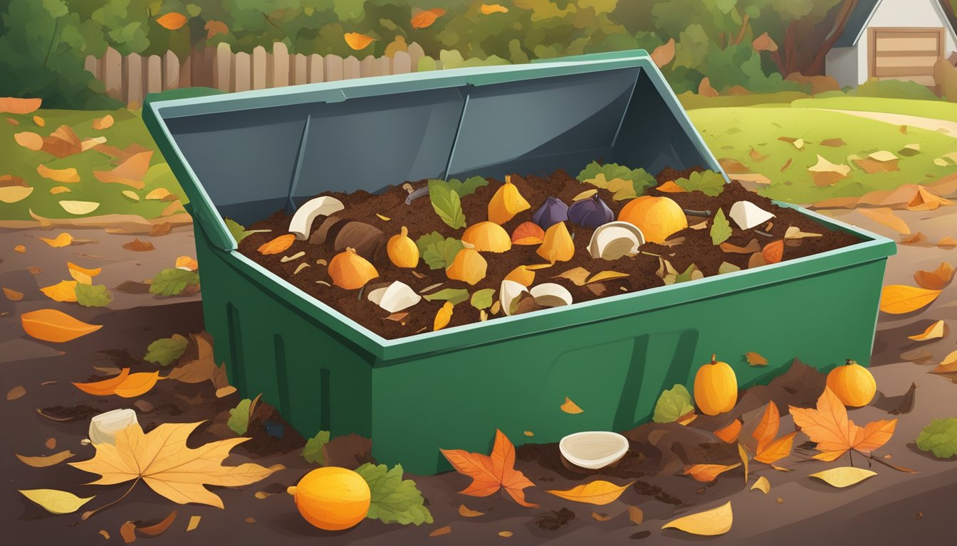 A backyard compost bin surrounded by a variety of organic waste, including fruit peels, vegetable scraps, and coffee grounds. Fallen leaves and twigs are scattered nearby