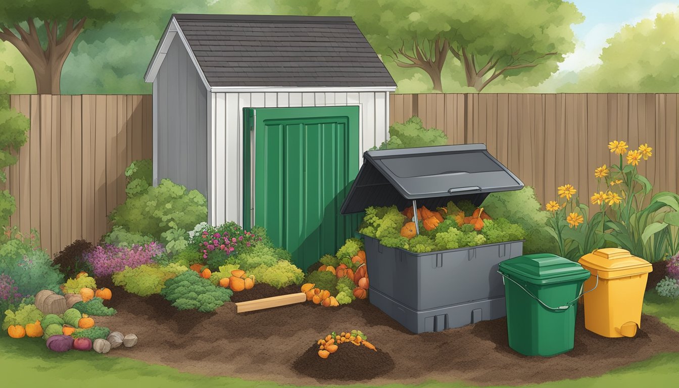 A backyard compost bin with a mix of food scraps, yard waste, and soil, surrounded by a garden and a small shed in Nampa, ID