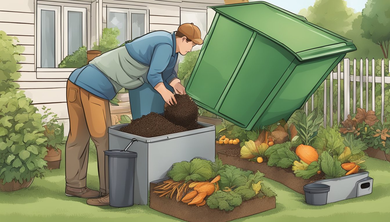 A person placing food scraps and yard waste into a compost bin in a backyard garden