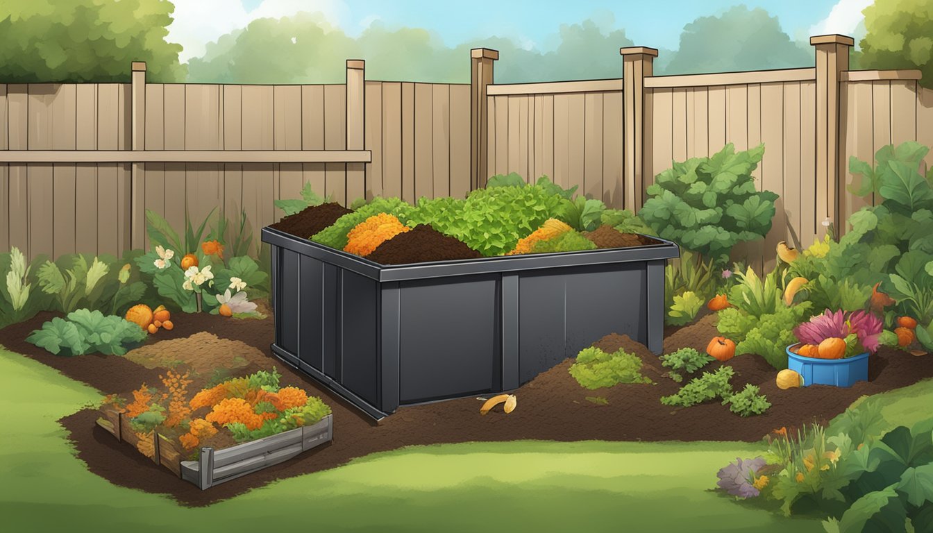 A backyard composting bin surrounded by various types of organic waste, with a small garden nearby