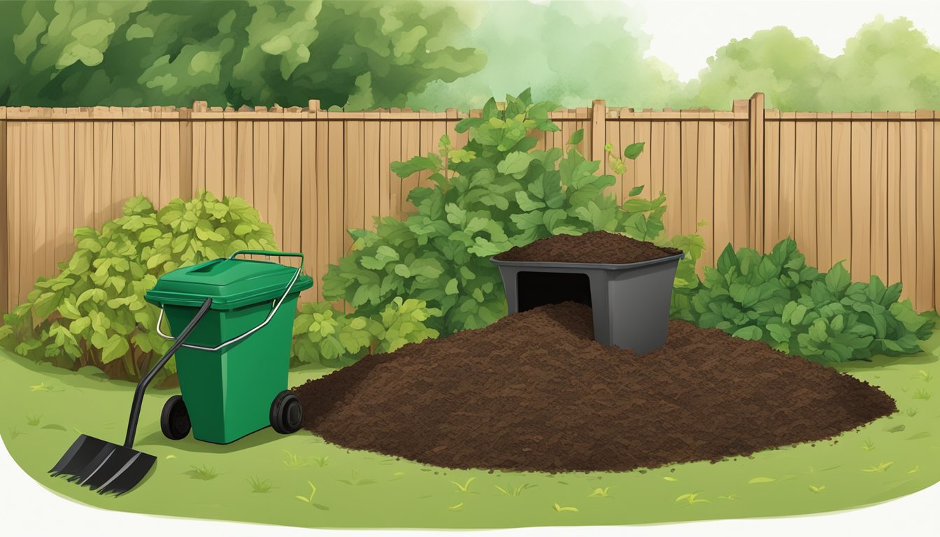 A backyard with a compost bin, surrounded by a mix of green and brown organic waste, with a shovel and a pitchfork nearby