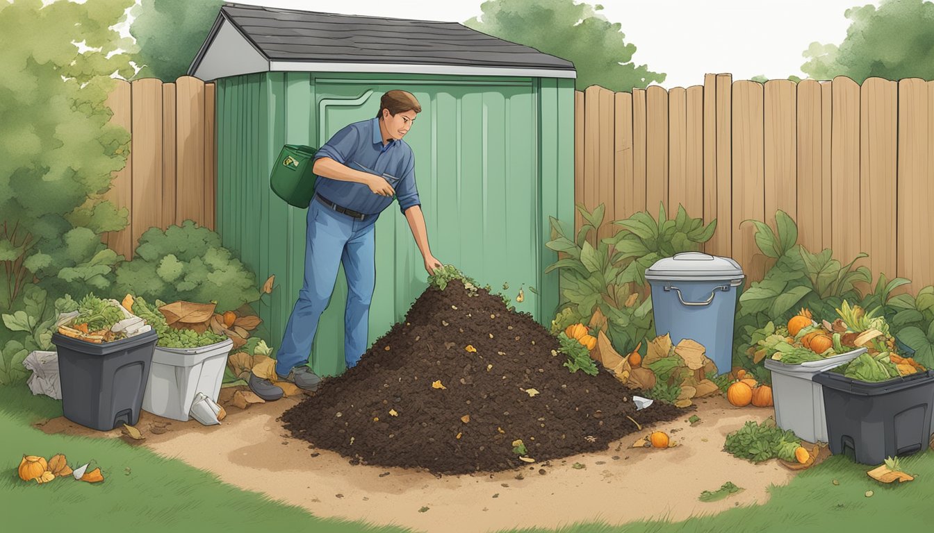 A backyard compost bin in Aurora, IL sits overflowing with food scraps and yard waste, emitting a foul odor. Nearby, a frustrated gardener looks on