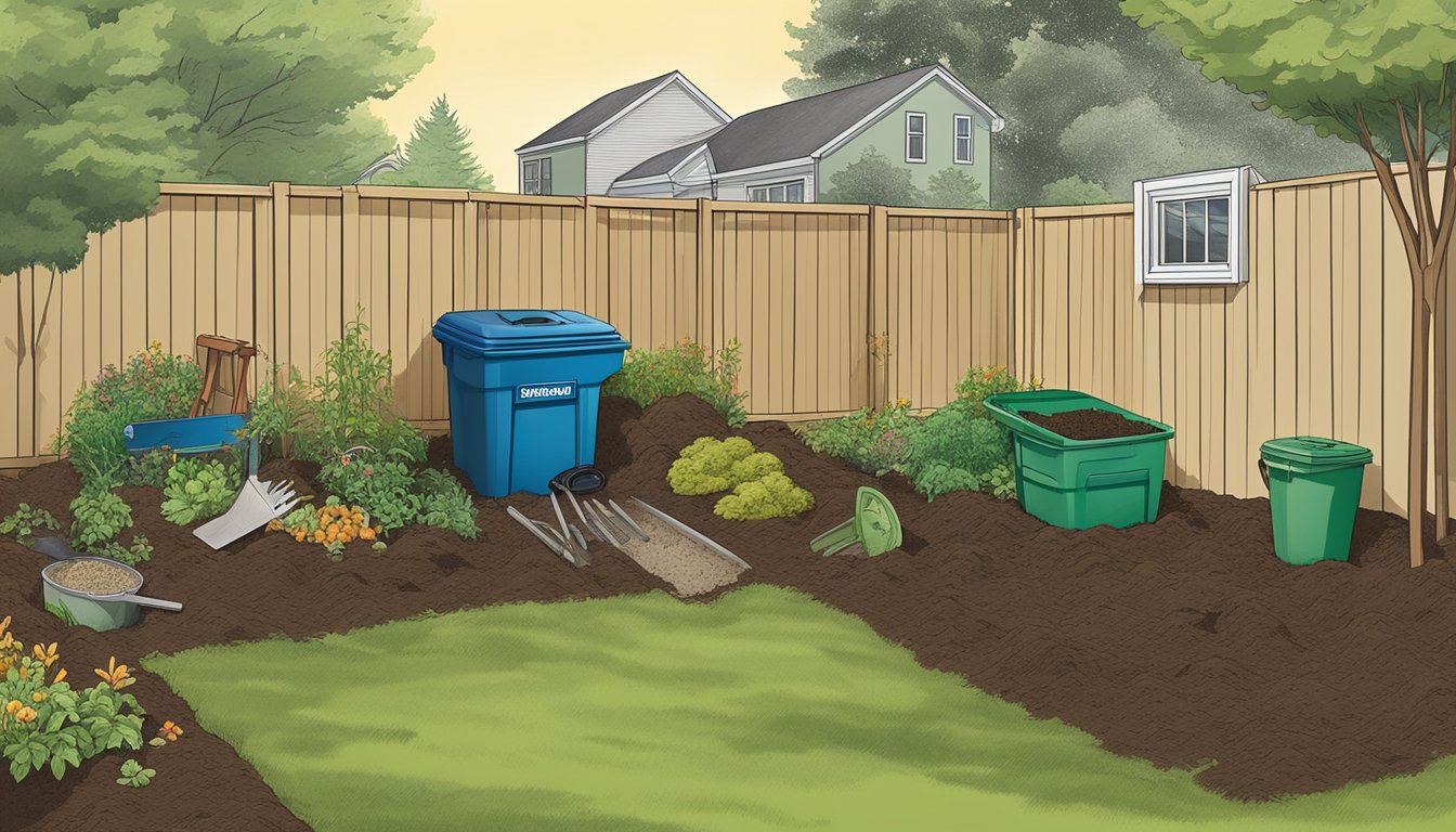 A backyard in Aurora, IL with a compost bin, gardening tools, and various organic waste being added to the compost pile