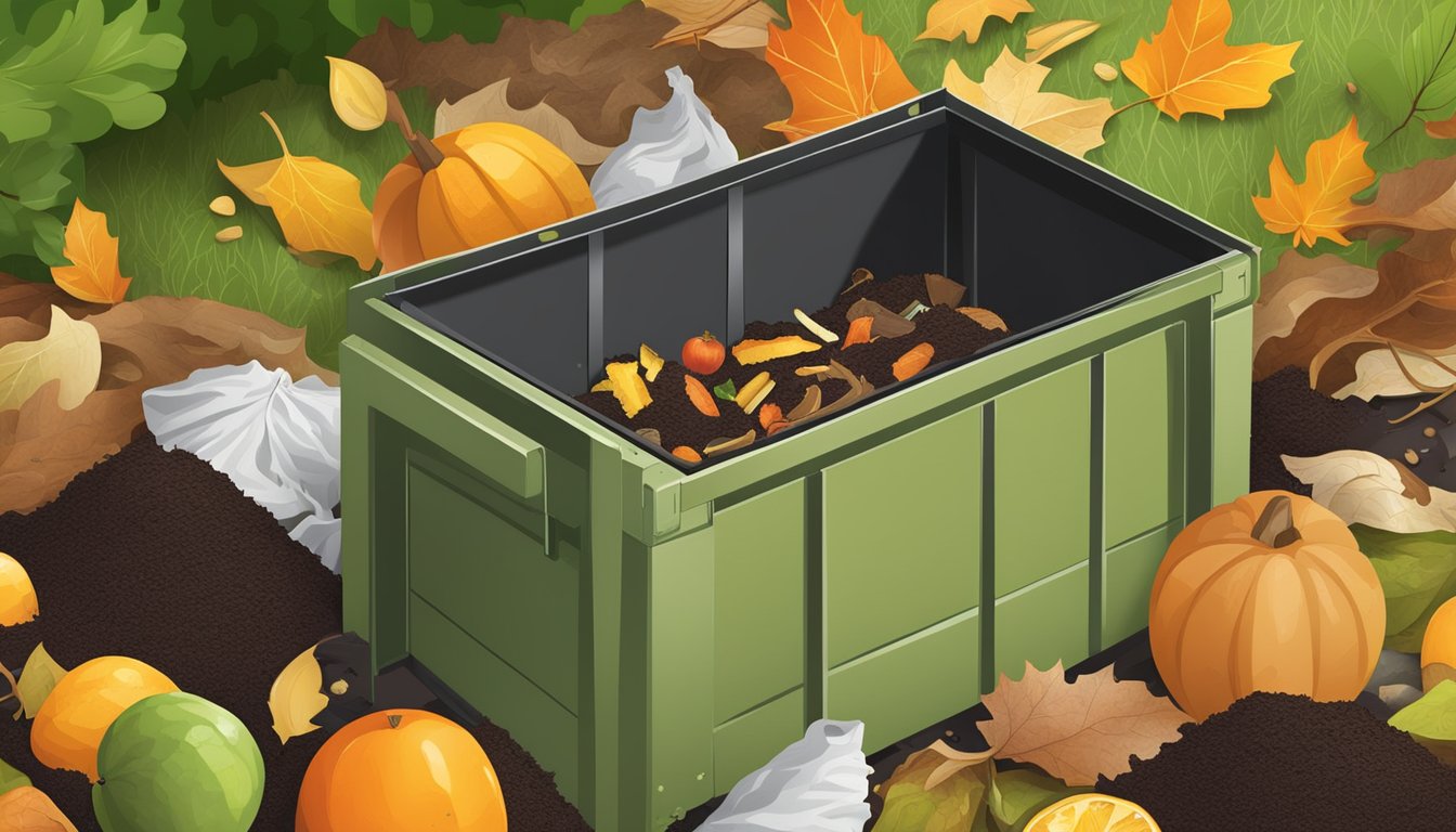 A backyard compost bin surrounded by a variety of organic waste, including fruit peels, vegetable scraps, and coffee grounds. Fallen leaves and twigs are scattered nearby