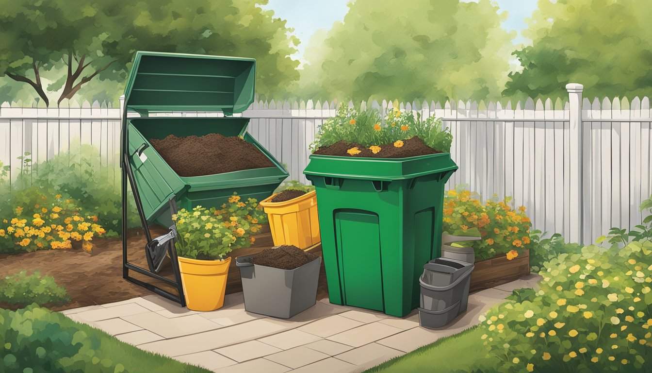 A sunny backyard with a compost bin, garden tools, and a stack of informational brochures on composting in Aurora, IL