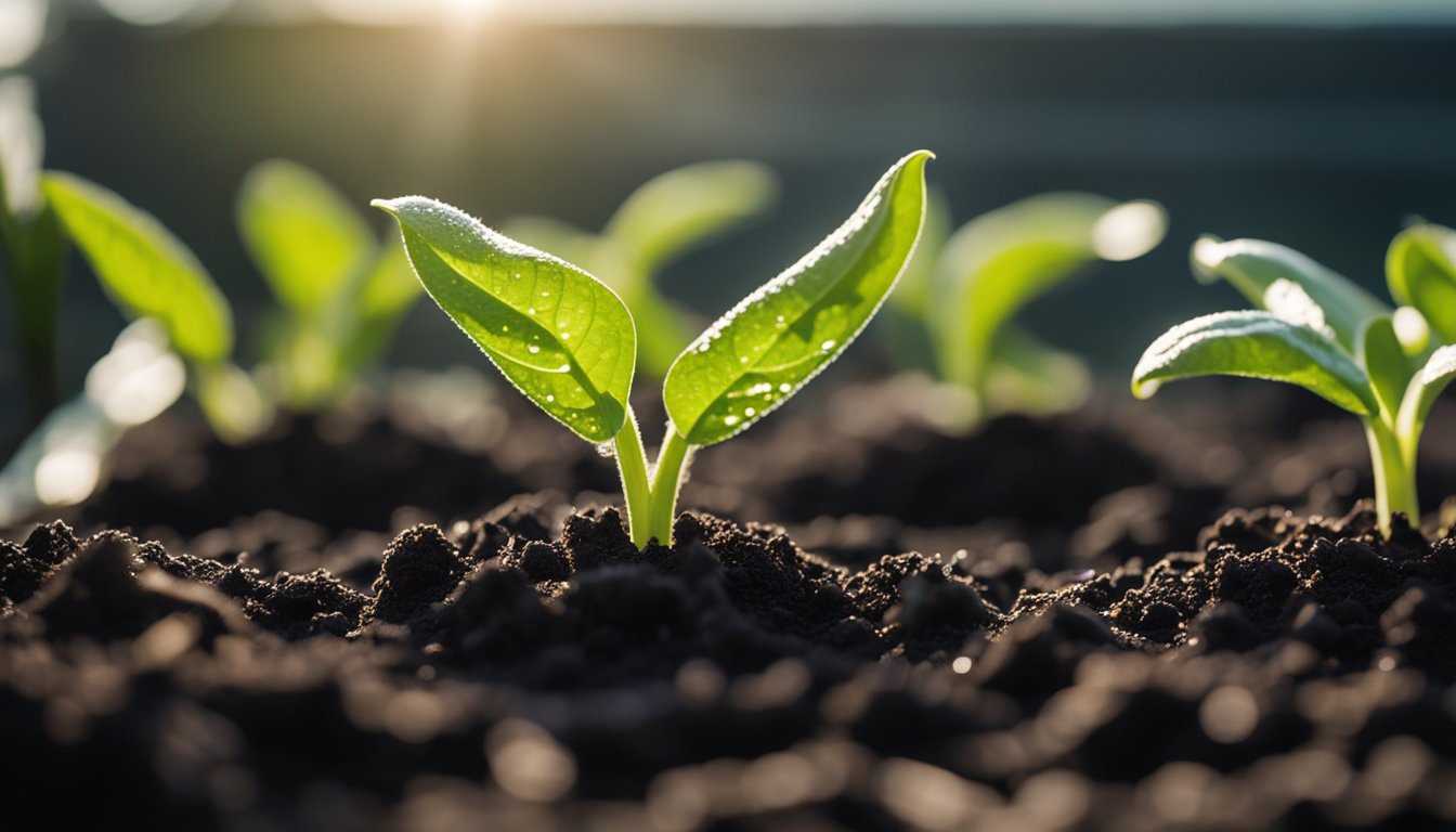 Young black bean seedlings emerge from dark soil, with vibrant green stems and dew-kissed leaves reaching towards soft sunlight in a greenhouse