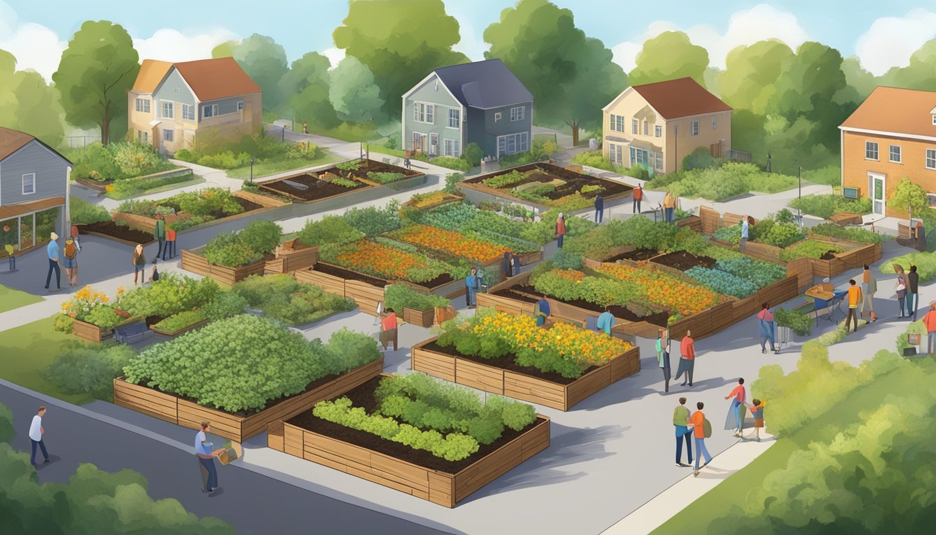 A community garden in Aurora, IL with composting bins, surrounded by people working together to maintain and promote sustainability