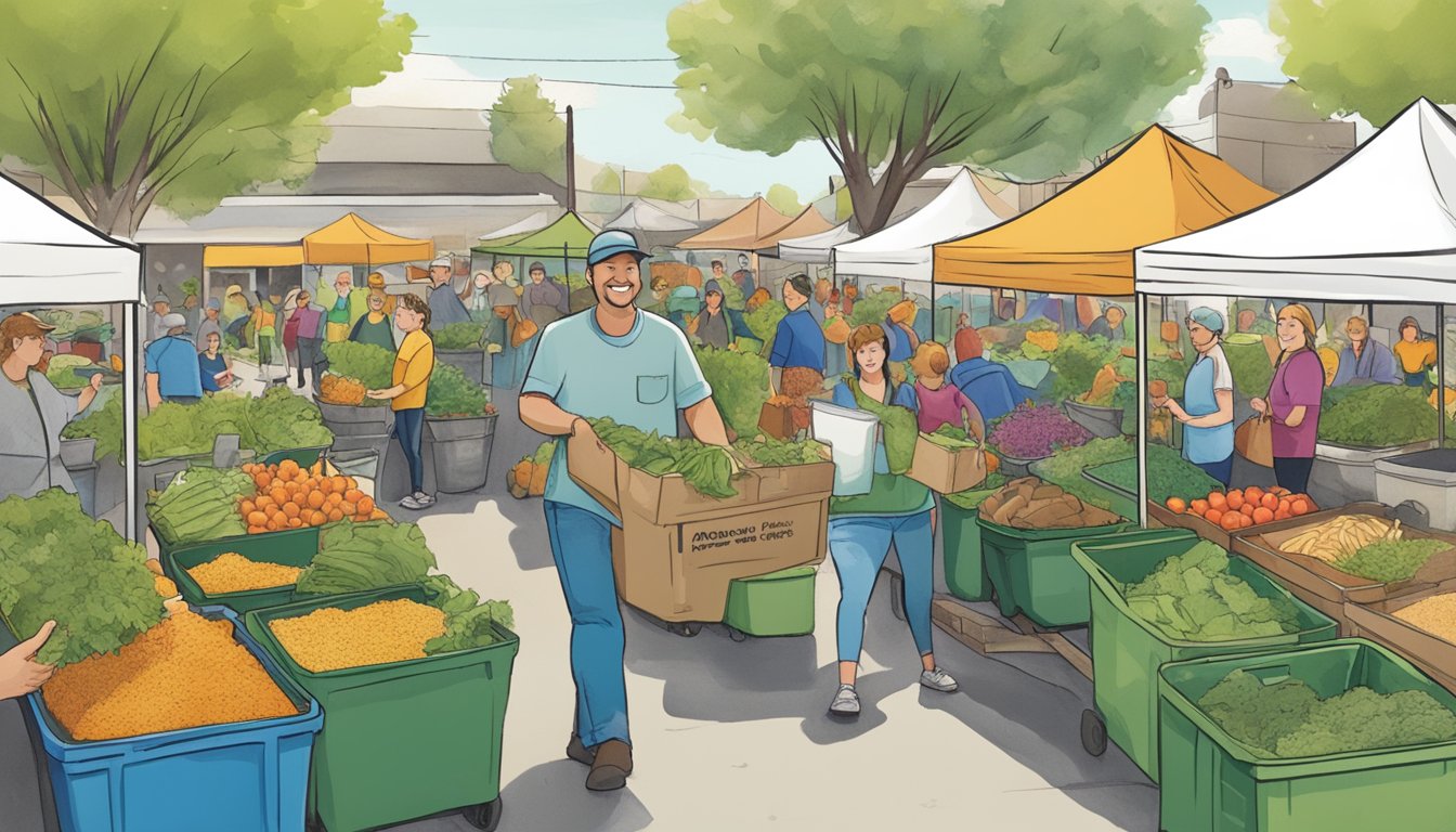 A bustling farmers market in Nampa, Idaho, with locals dropping off their compost and learning about environmental impact. Overflowing bins and smiling faces show the community's dedication to sustainability