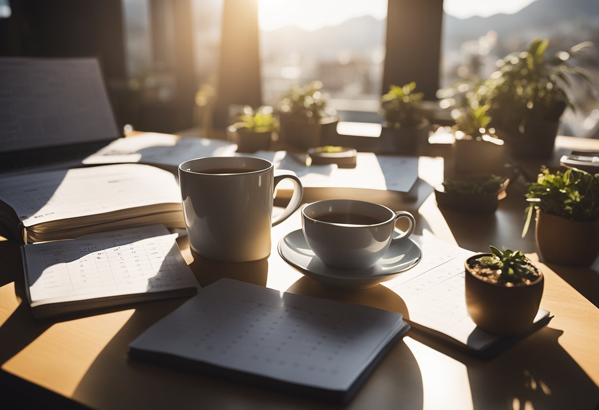 A person sits at a desk, surrounded by calendars and journals, mapping out their goals for 2025. Sunlight streams through the window, illuminating the scene