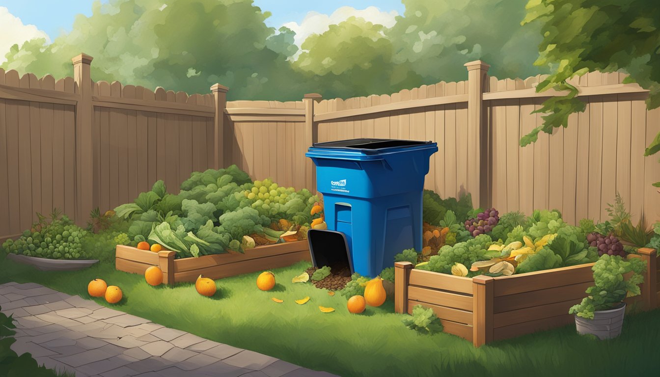 A backyard in Joliet, IL with a compost bin surrounded by a variety of organic waste materials such as fruit peels, vegetable scraps, and yard clippings