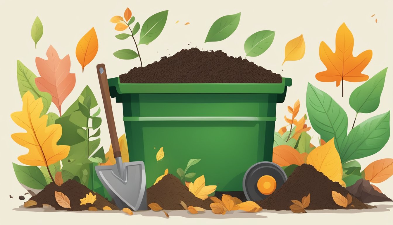 A colorful array of organic waste, leaves, and soil in a compost bin with a small garden trowel nearby