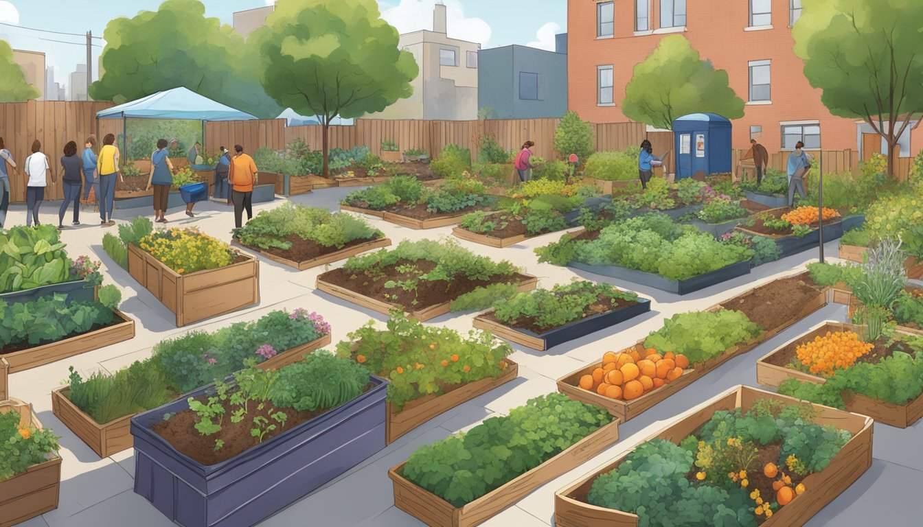 A community garden in Chicago, with compost bins, diverse plant life, and people dropping off food scraps