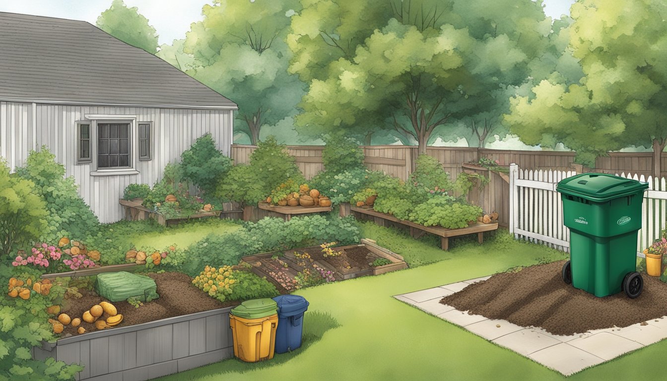 A backyard in Elgin, IL with a compost bin surrounded by greenery, with various food scraps and yard waste being added to the bin