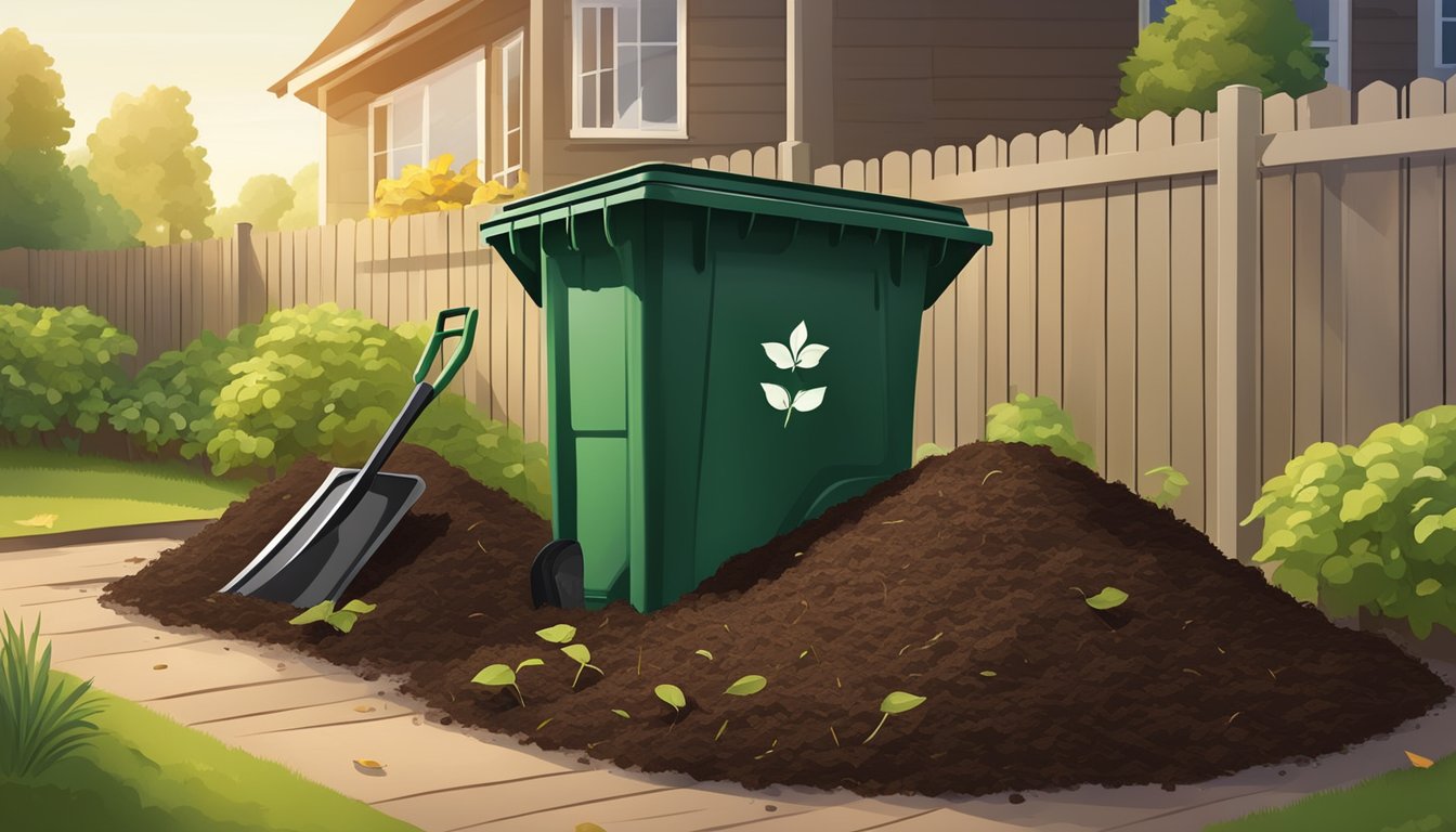 A sunny backyard with a compost bin, filled with layers of green and brown organic waste. A shovel and pitchfork lean against the bin