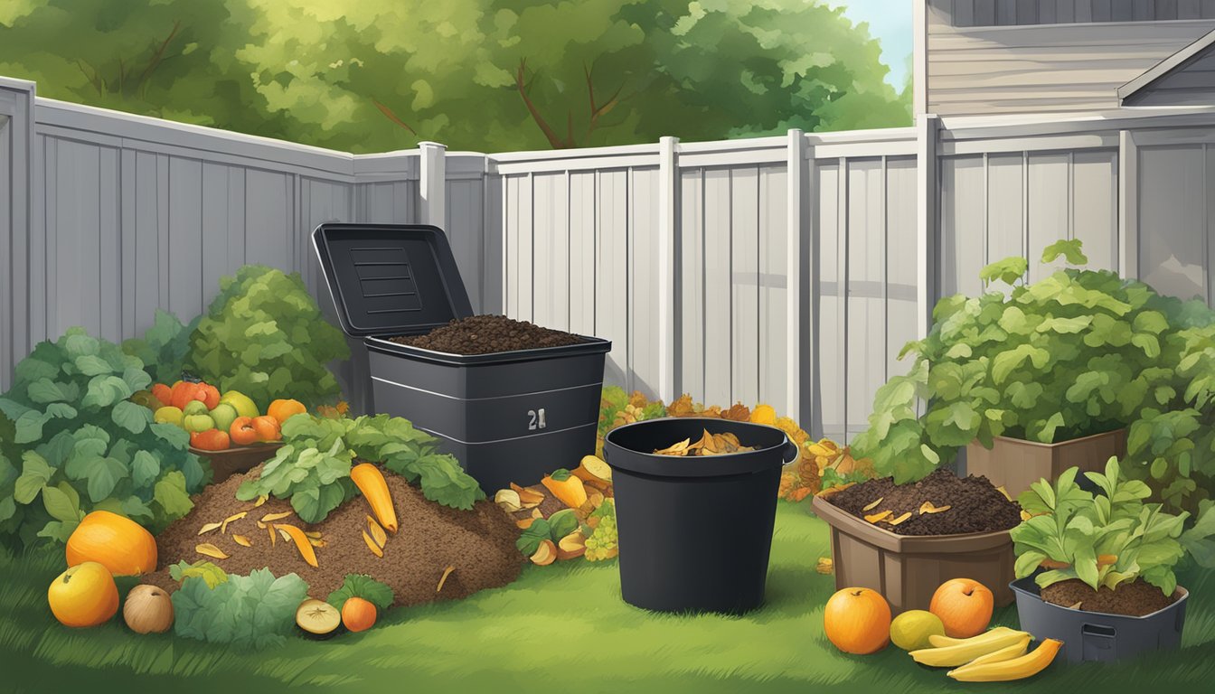 A backyard in Joliet, IL with a compost bin surrounded by a variety of organic waste, including fruit peels, vegetable scraps, and yard clippings