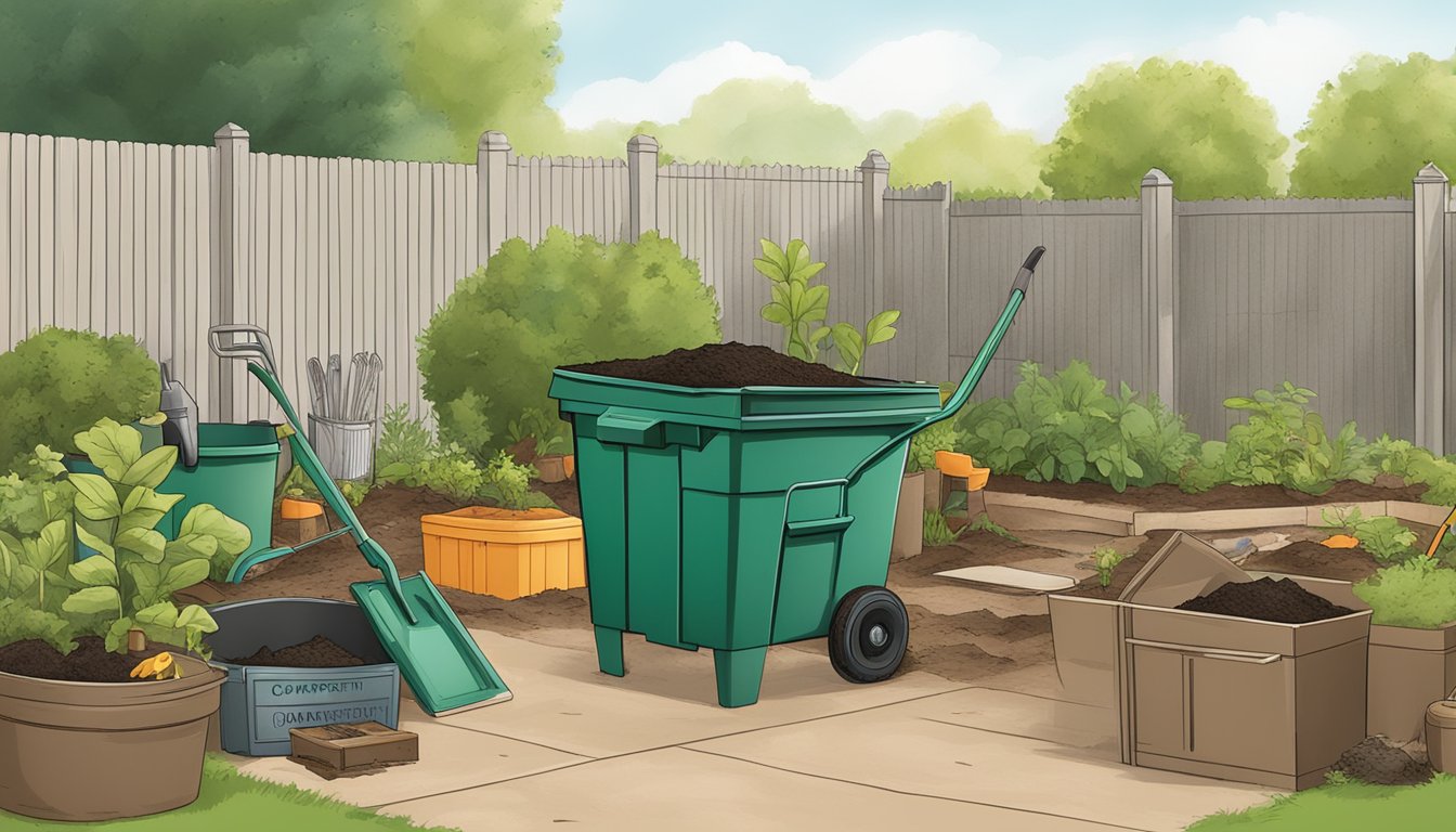 A backyard with a compost bin, garden tools, and a stack of composting regulations and resources pamphlets