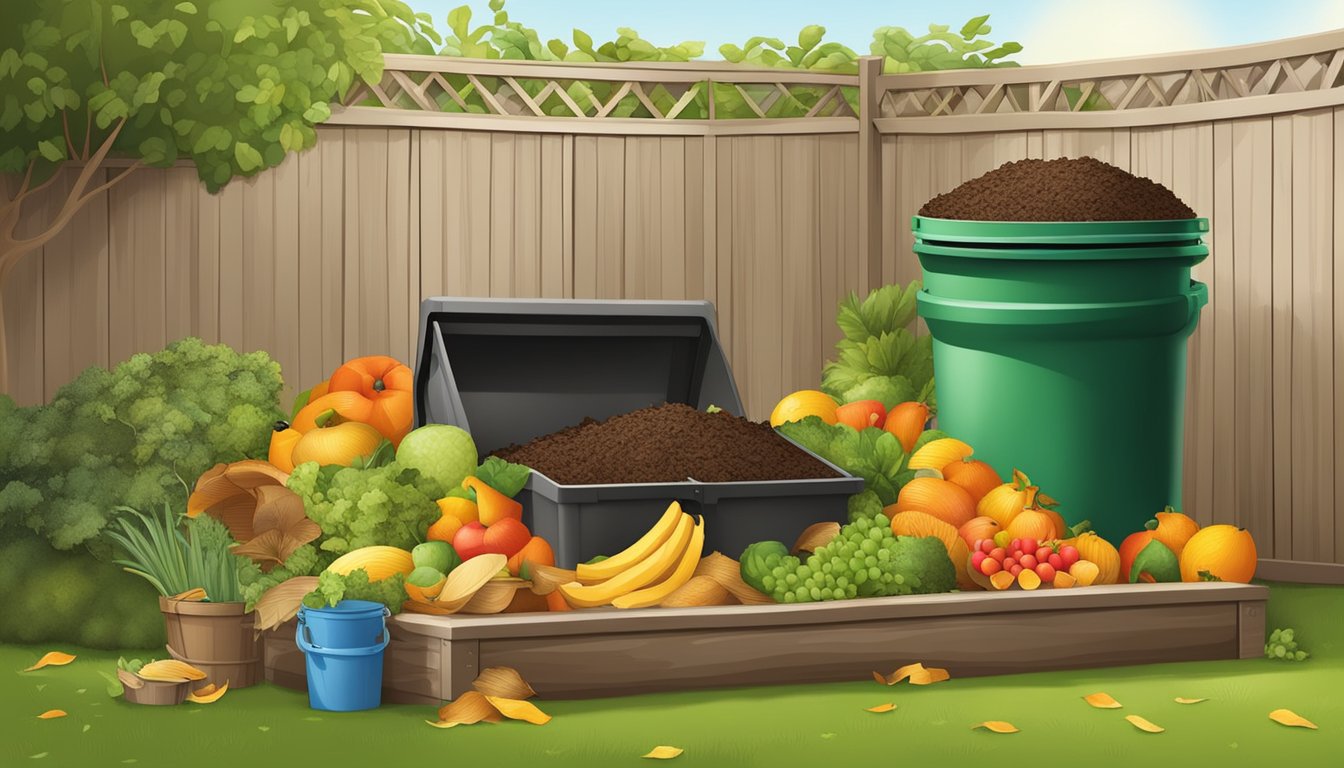 A backyard compost bin surrounded by a variety of organic materials such as fruit peels, vegetable scraps, and yard waste