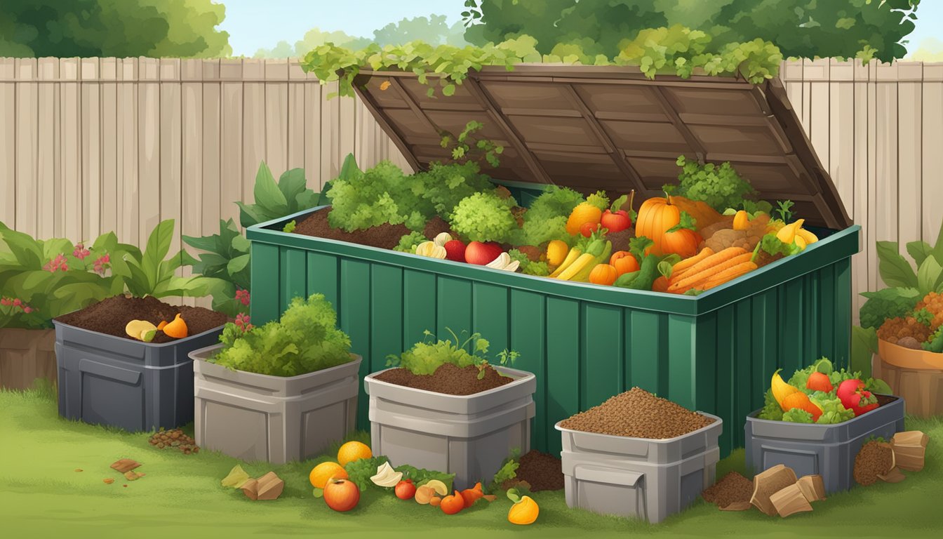 A backyard compost bin surrounded by a variety of organic materials such as fruit and vegetable scraps, coffee grounds, and yard waste